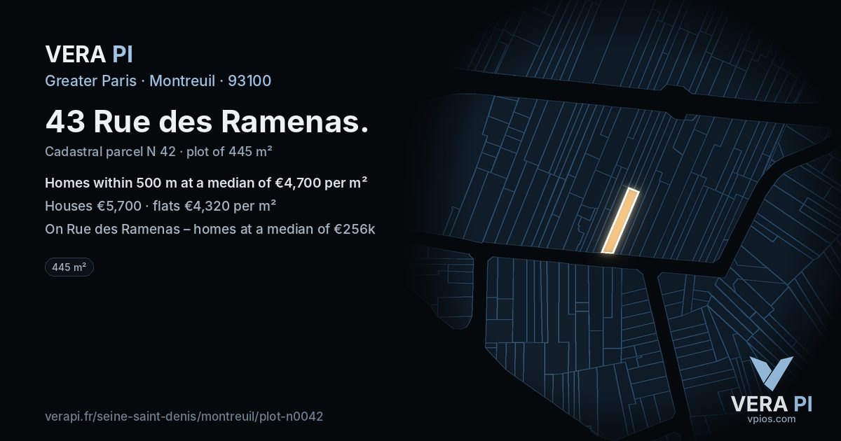 43 Rue des Ramenas, Montreuil at night – the plot lit, the parcels around coloured by the prices near them
