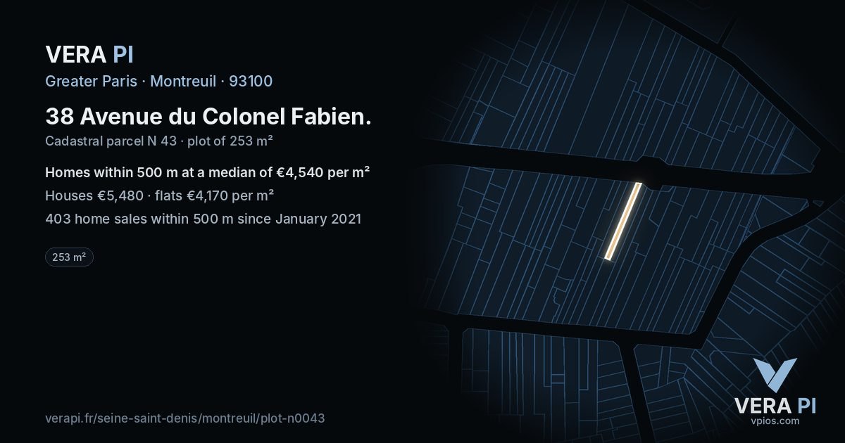38 Avenue du Colonel Fabien, Montreuil at night – the plot lit, the parcels around coloured by the prices near them