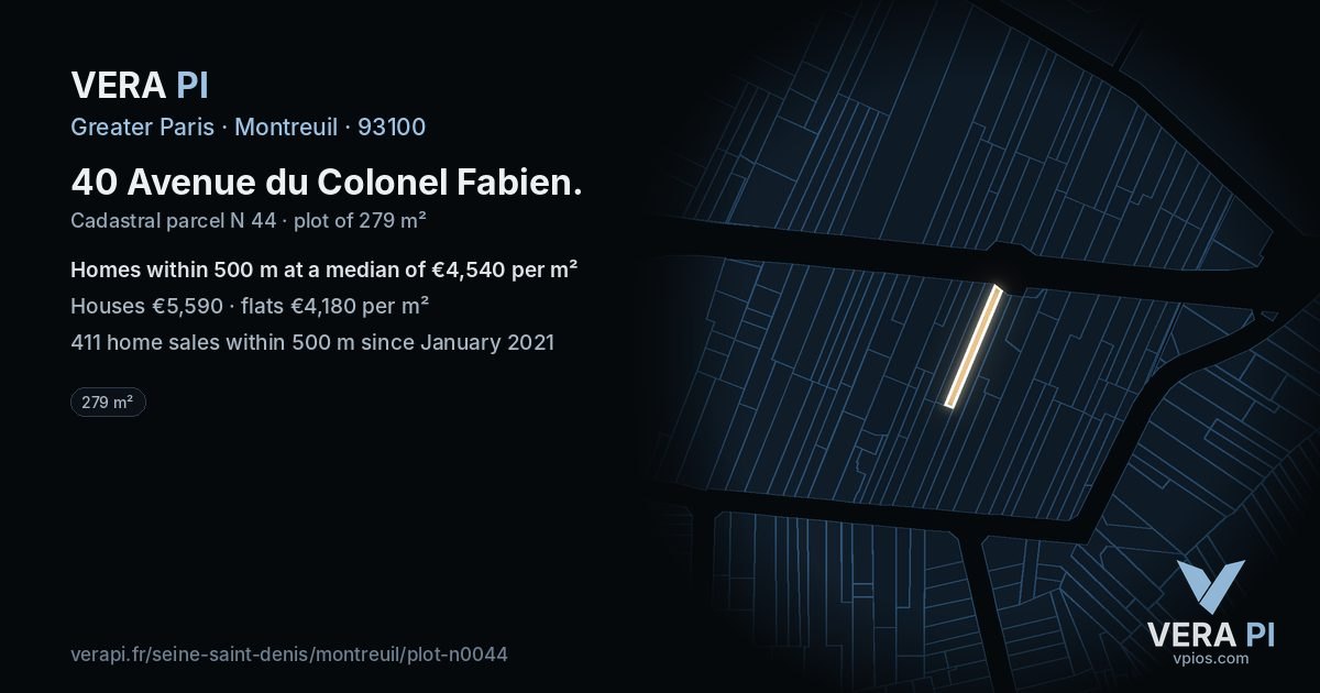40 Avenue du Colonel Fabien, Montreuil at night – the plot lit, the parcels around coloured by the prices near them