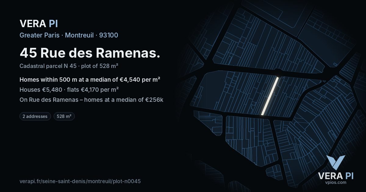 45 Rue des Ramenas, Montreuil at night – the plot lit, the parcels around coloured by the prices near them