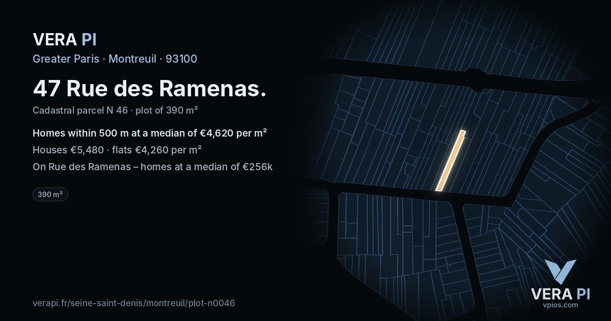 47 Rue des Ramenas, Montreuil at night – the plot lit, the parcels around coloured by the prices near them
