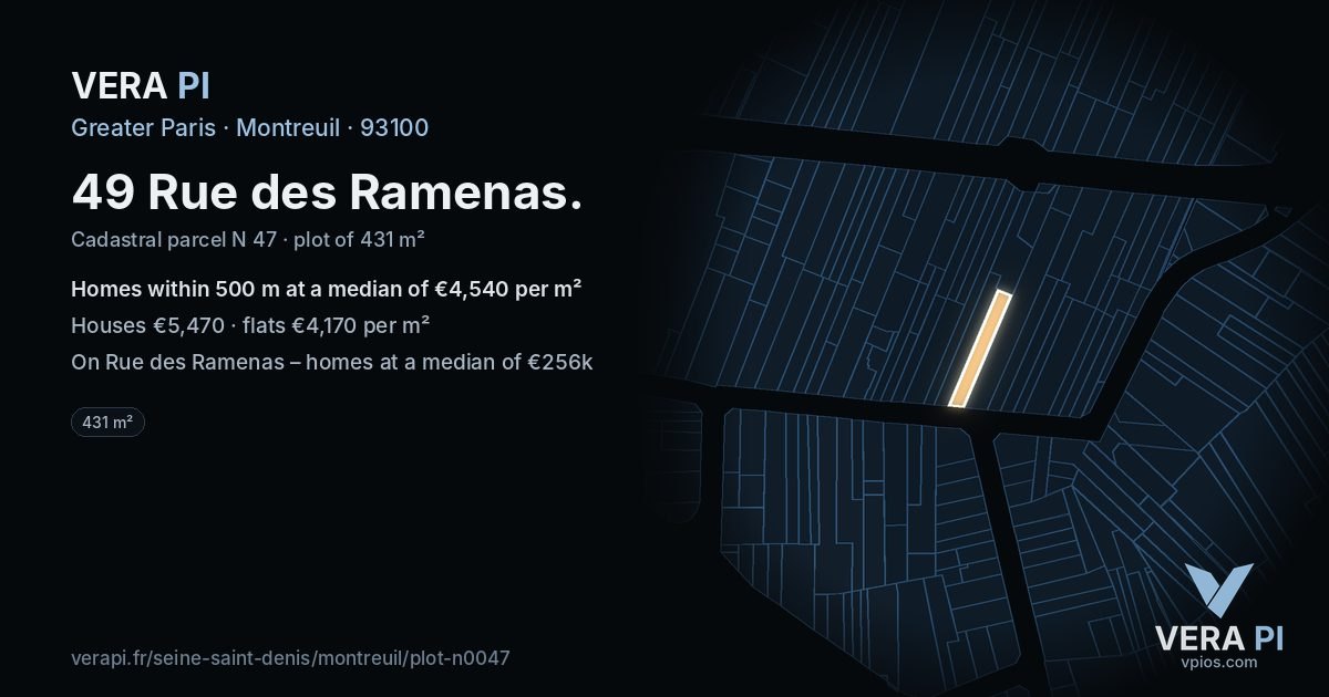 49 Rue des Ramenas, Montreuil at night – the plot lit, the parcels around coloured by the prices near them