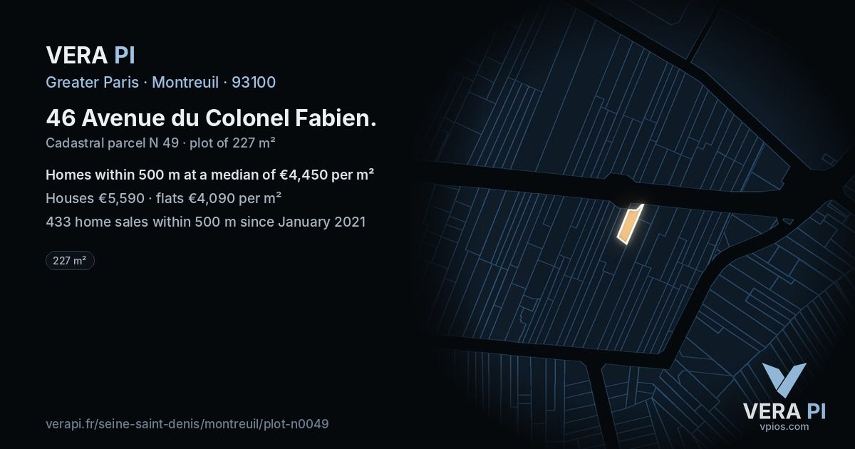 46 Avenue du Colonel Fabien, Montreuil at night – the plot lit, the parcels around coloured by the prices near them