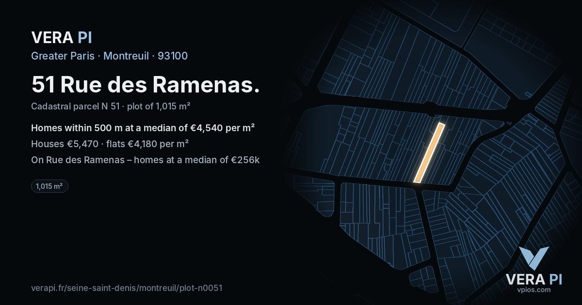 51 Rue des Ramenas, Montreuil at night – the plot lit, the parcels around coloured by the prices near them
