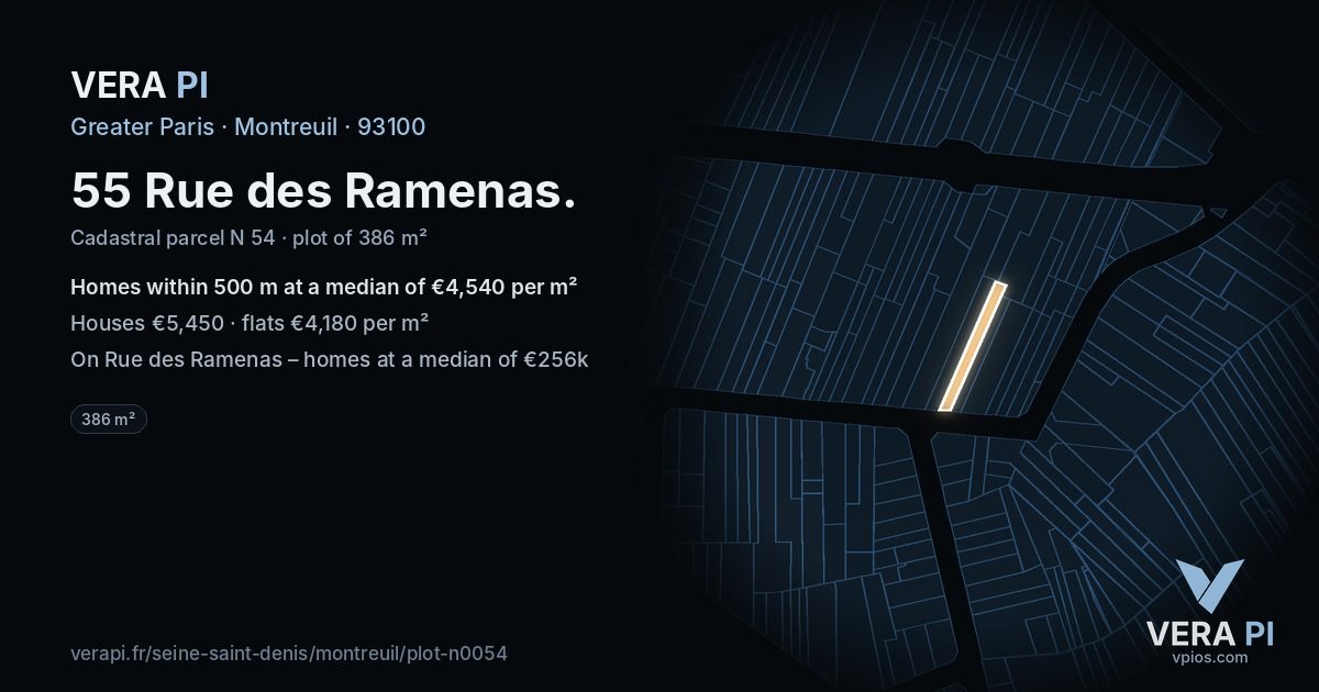 55 Rue des Ramenas, Montreuil at night – the plot lit, the parcels around coloured by the prices near them