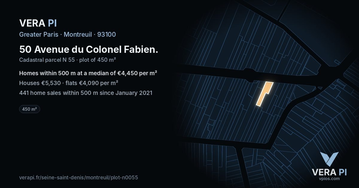 50 Avenue du Colonel Fabien, Montreuil at night – the plot lit, the parcels around coloured by the prices near them