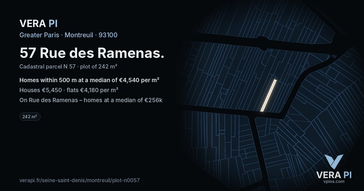 57 Rue des Ramenas, Montreuil at night – the plot lit, the parcels around coloured by the prices near them