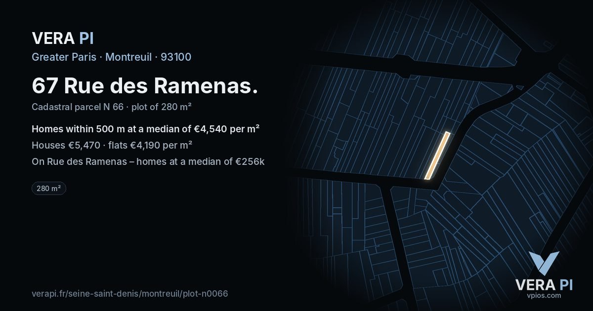 67 Rue des Ramenas, Montreuil at night – the plot lit, the parcels around coloured by the prices near them