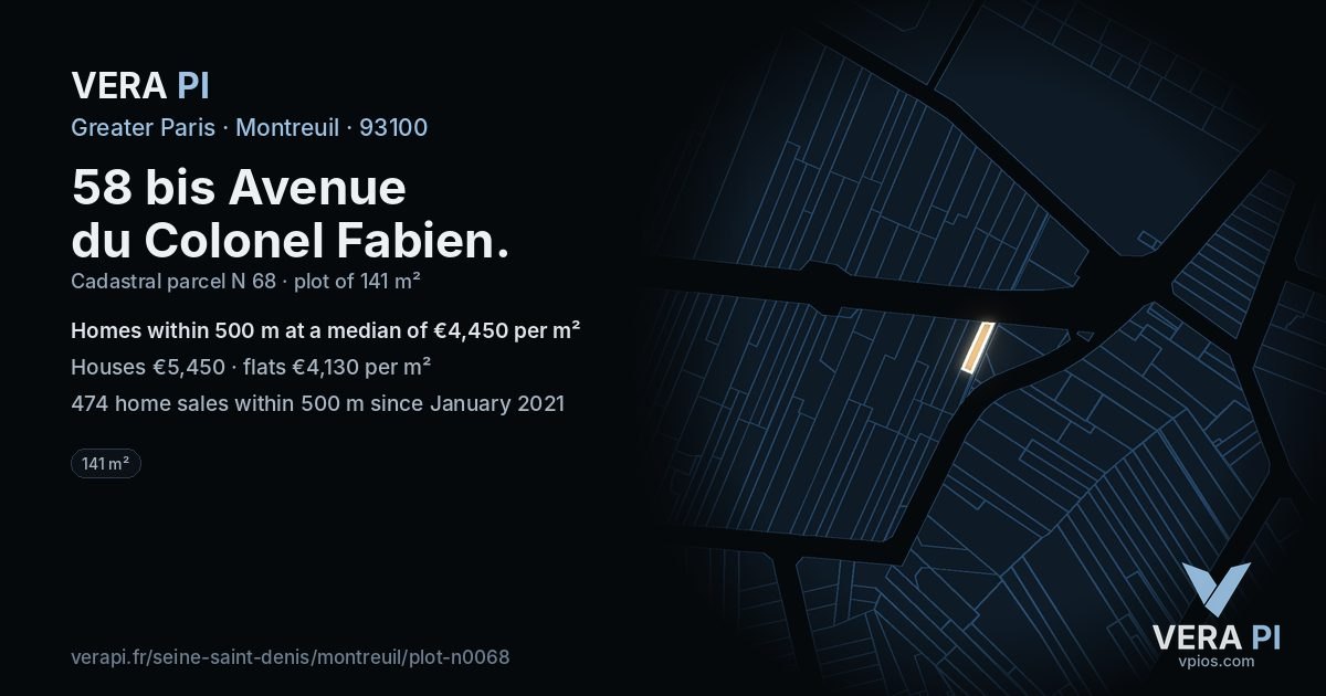 58 bis Avenue du Colonel Fabien, Montreuil at night – the plot lit, the parcels around coloured by the prices near them