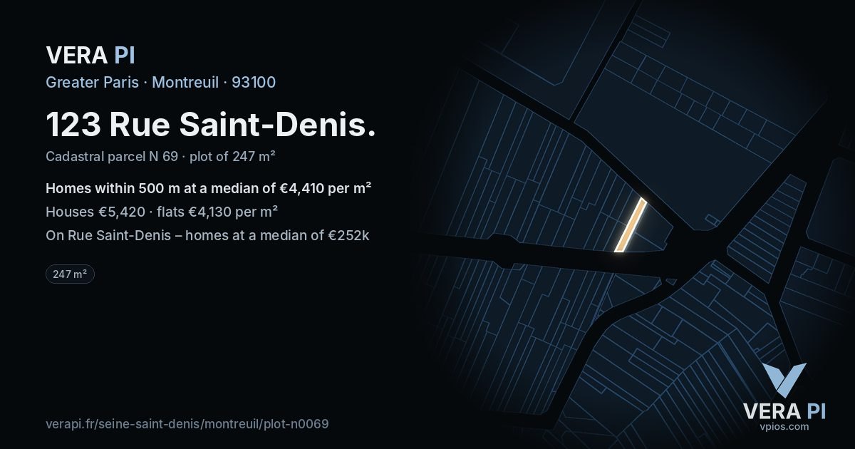 123 Rue Saint-Denis, Montreuil at night – the plot lit, the parcels around coloured by the prices near them