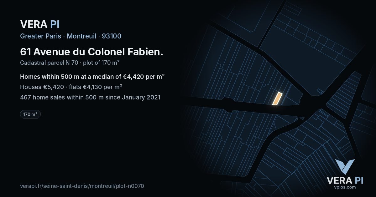 61 Avenue du Colonel Fabien, Montreuil at night – the plot lit, the parcels around coloured by the prices near them