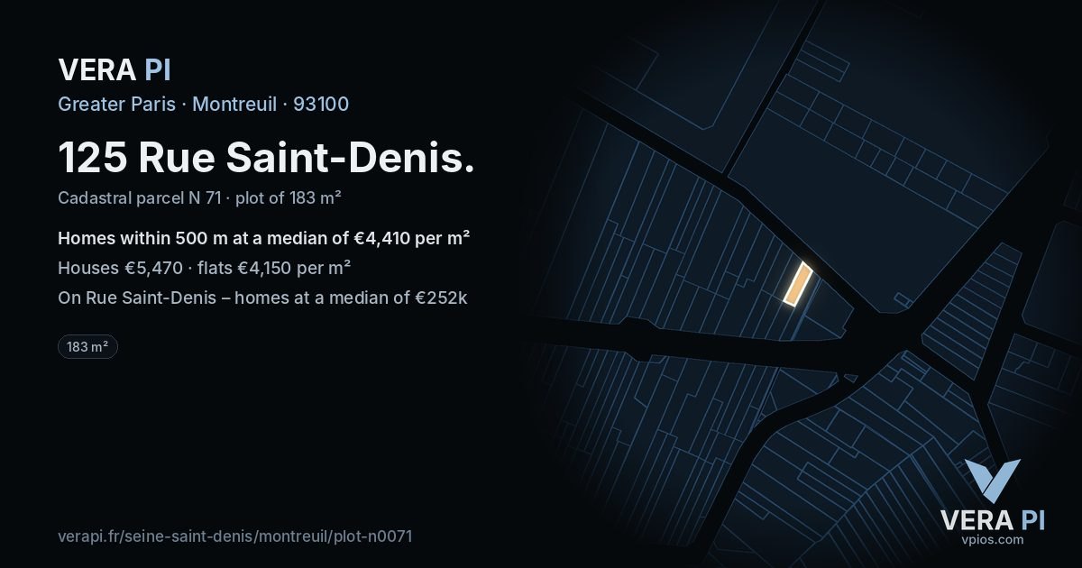 125 Rue Saint-Denis, Montreuil at night – the plot lit, the parcels around coloured by the prices near them