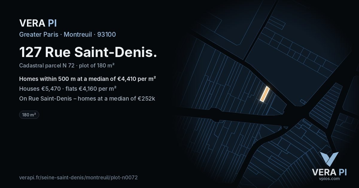 127 Rue Saint-Denis, Montreuil at night – the plot lit, the parcels around coloured by the prices near them