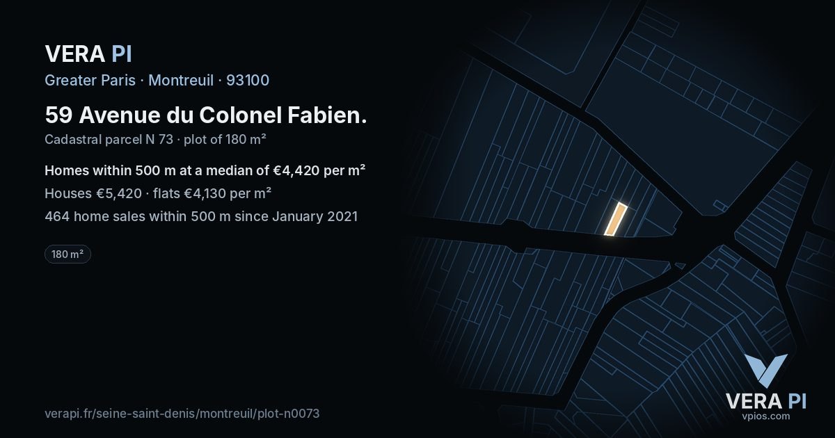 59 Avenue du Colonel Fabien, Montreuil at night – the plot lit, the parcels around coloured by the prices near them