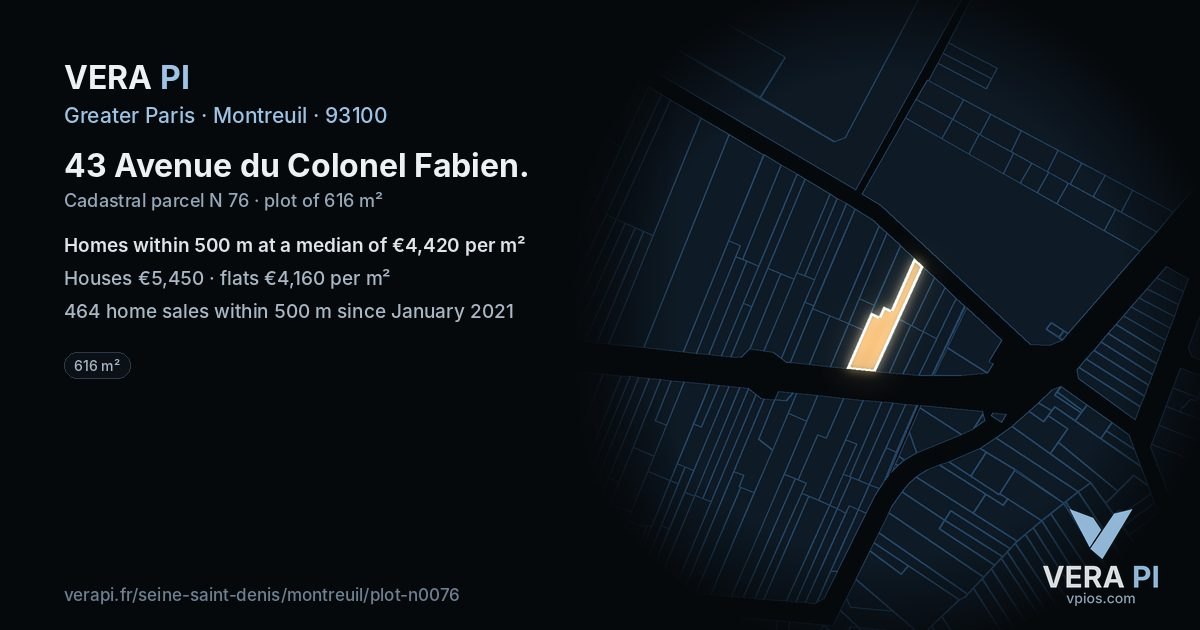 43 Avenue du Colonel Fabien, Montreuil at night – the plot lit, the parcels around coloured by the prices near them