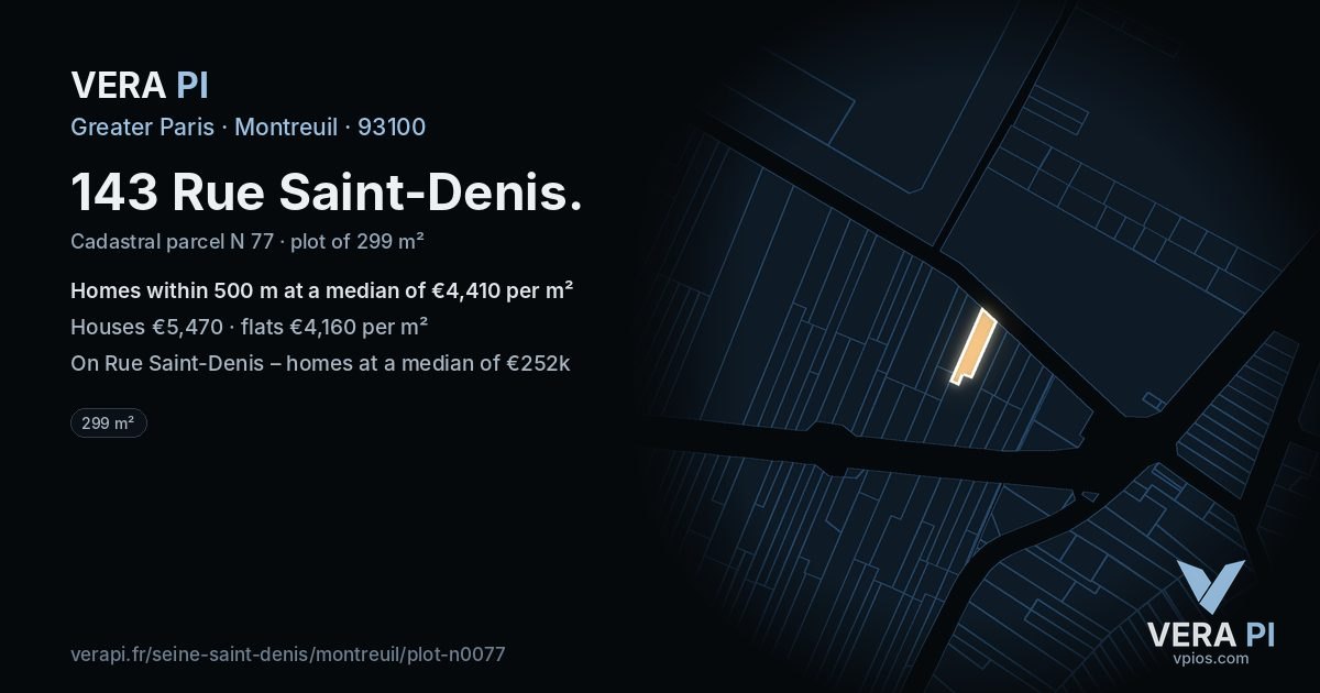 143 Rue Saint-Denis, Montreuil at night – the plot lit, the parcels around coloured by the prices near them