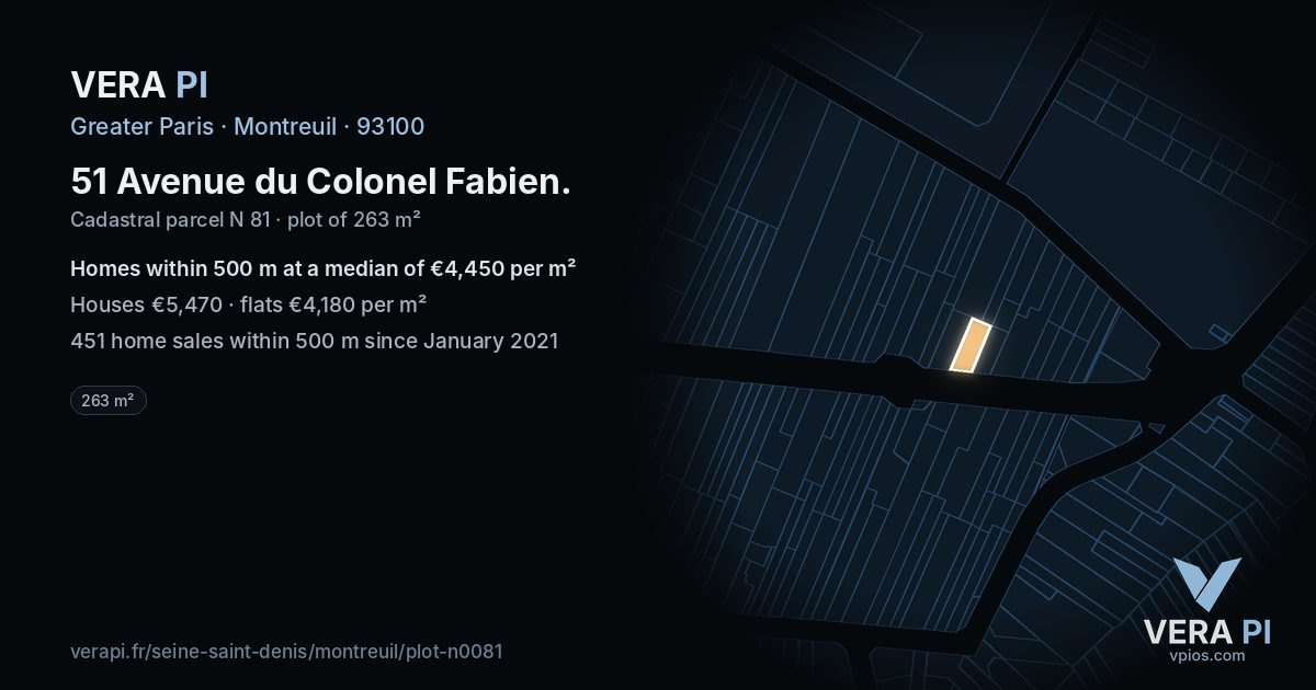 51 Avenue du Colonel Fabien, Montreuil at night – the plot lit, the parcels around coloured by the prices near them