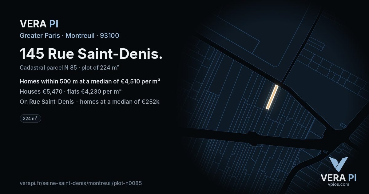 145 Rue Saint-Denis, Montreuil at night – the plot lit, the parcels around coloured by the prices near them