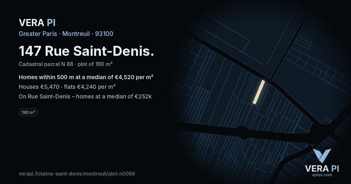 147 Rue Saint-Denis, Montreuil at night – the plot lit, the parcels around coloured by the prices near them