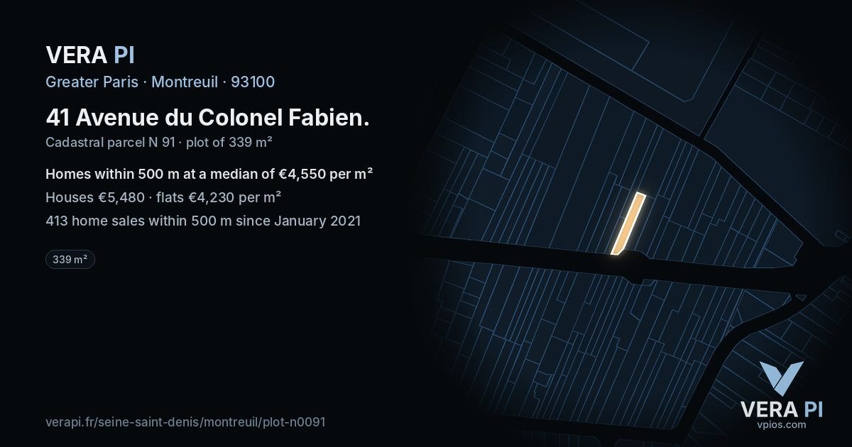 41 Avenue du Colonel Fabien, Montreuil at night – the plot lit, the parcels around coloured by the prices near them