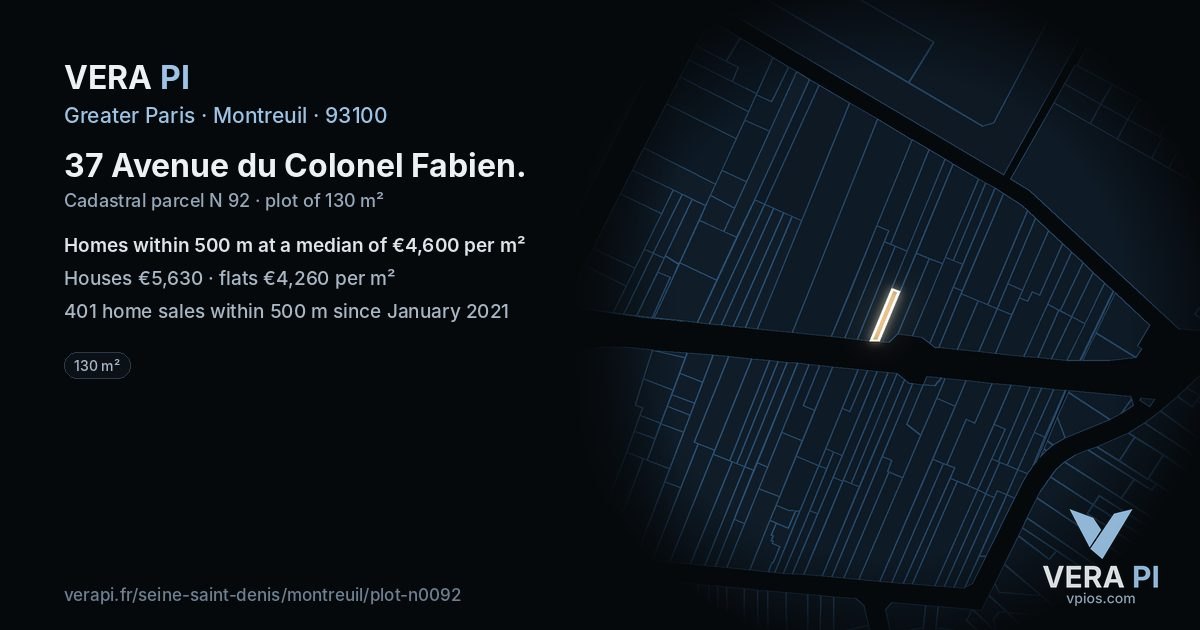 37 Avenue du Colonel Fabien, Montreuil at night – the plot lit, the parcels around coloured by the prices near them