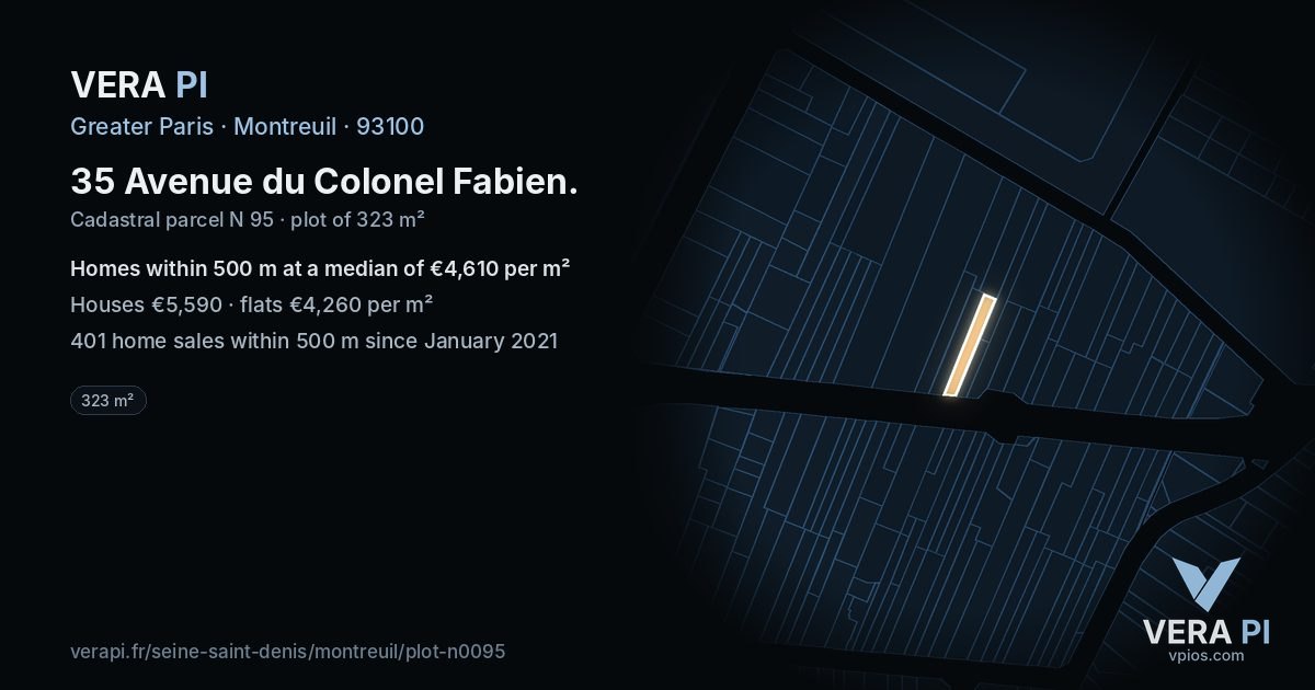 35 Avenue du Colonel Fabien, Montreuil at night – the plot lit, the parcels around coloured by the prices near them