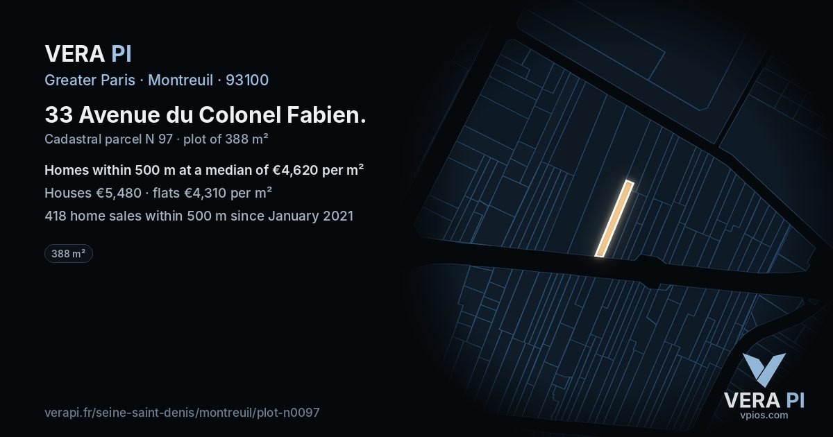 33 Avenue du Colonel Fabien, Montreuil at night – the plot lit, the parcels around coloured by the prices near them