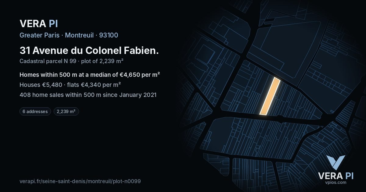 31 Avenue du Colonel Fabien, Montreuil at night – the plot lit, the parcels around coloured by the prices near them