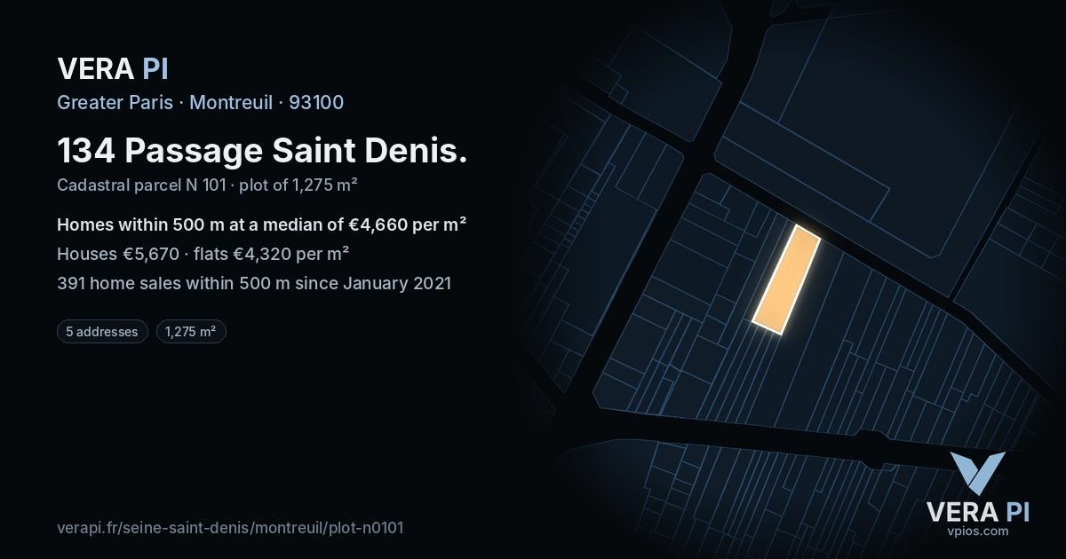 134 Passage Saint Denis, Montreuil at night – the plot lit, the parcels around coloured by the prices near them