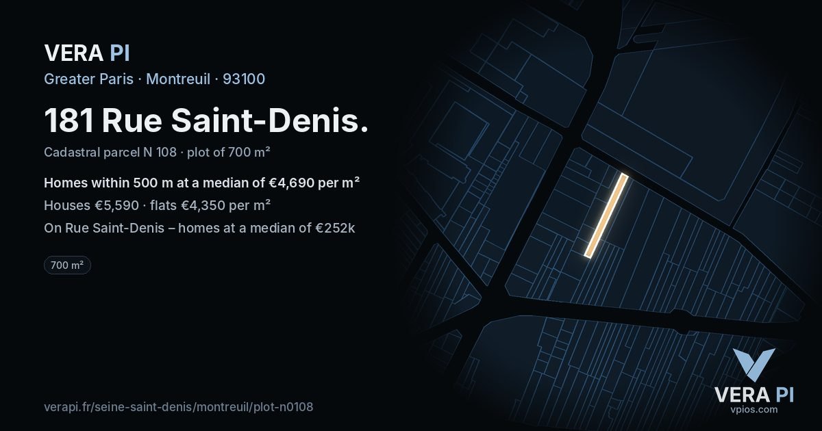 181 Rue Saint-Denis, Montreuil at night – the plot lit, the parcels around coloured by the prices near them
