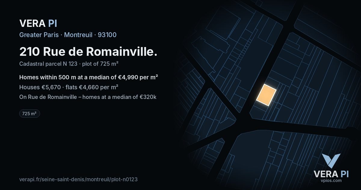 210 Rue de Romainville, Montreuil at night – the plot lit, the parcels around coloured by the prices near them