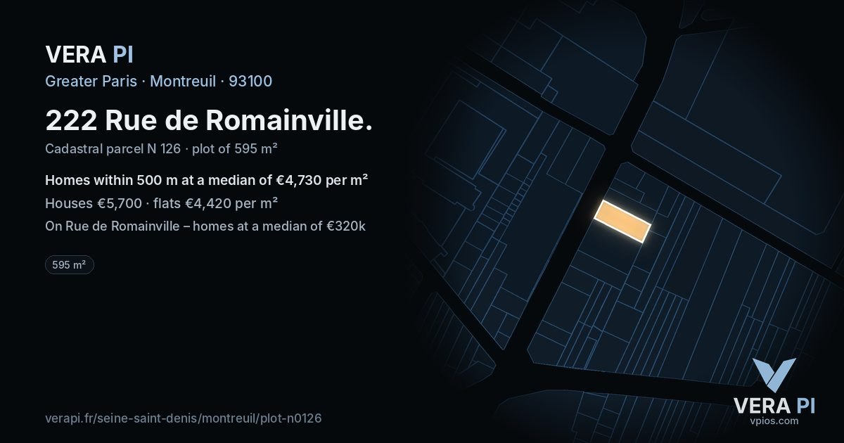 222 Rue de Romainville, Montreuil at night – the plot lit, the parcels around coloured by the prices near them