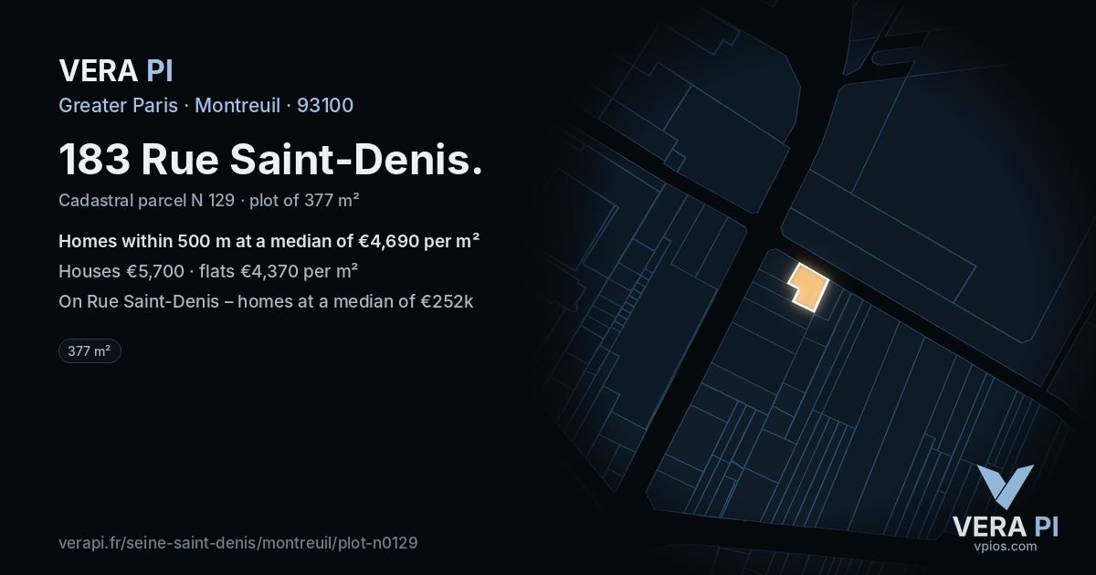183 Rue Saint-Denis, Montreuil at night – the plot lit, the parcels around coloured by the prices near them