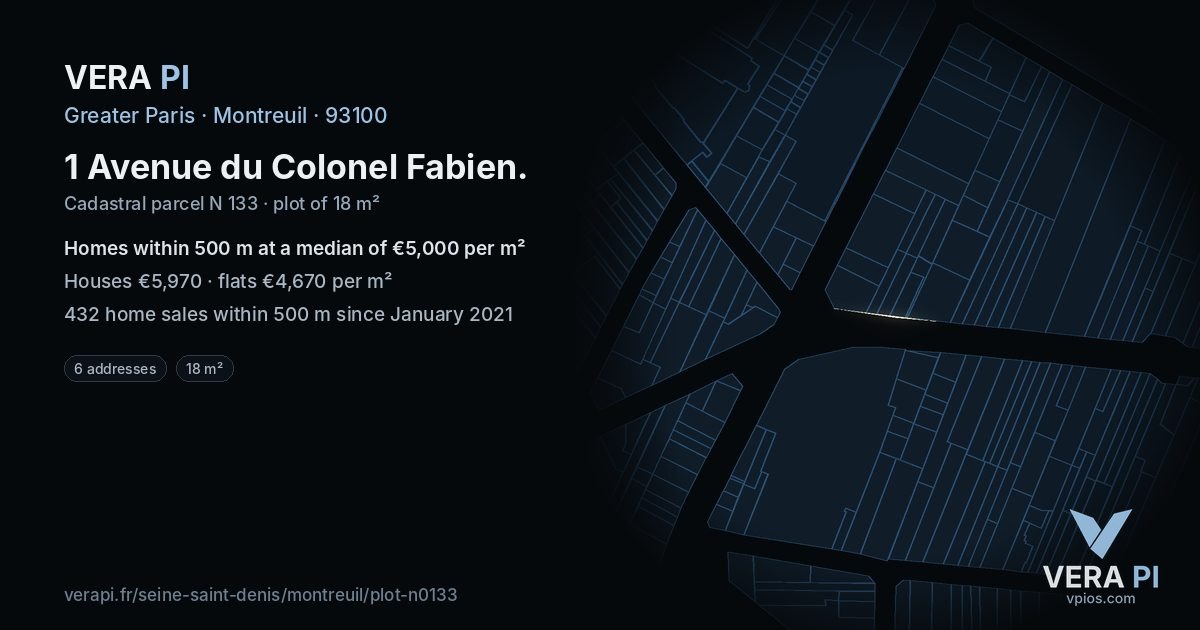 1 Avenue du Colonel Fabien, Montreuil at night – the plot lit, the parcels around coloured by the prices near them