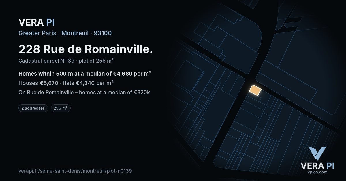 228 Rue de Romainville, Montreuil at night – the plot lit, the parcels around coloured by the prices near them