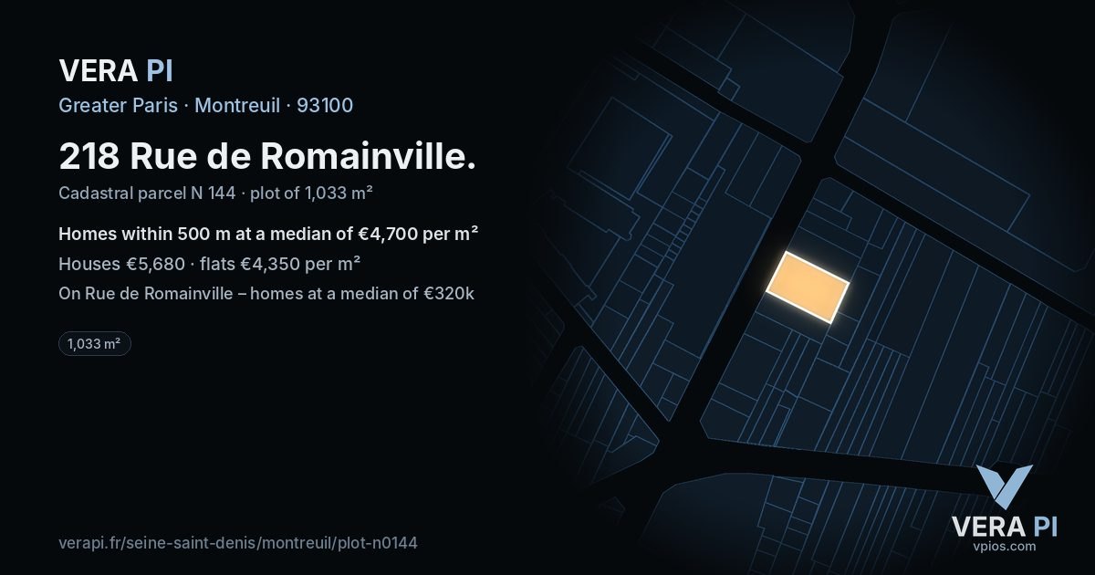218 Rue de Romainville, Montreuil at night – the plot lit, the parcels around coloured by the prices near them
