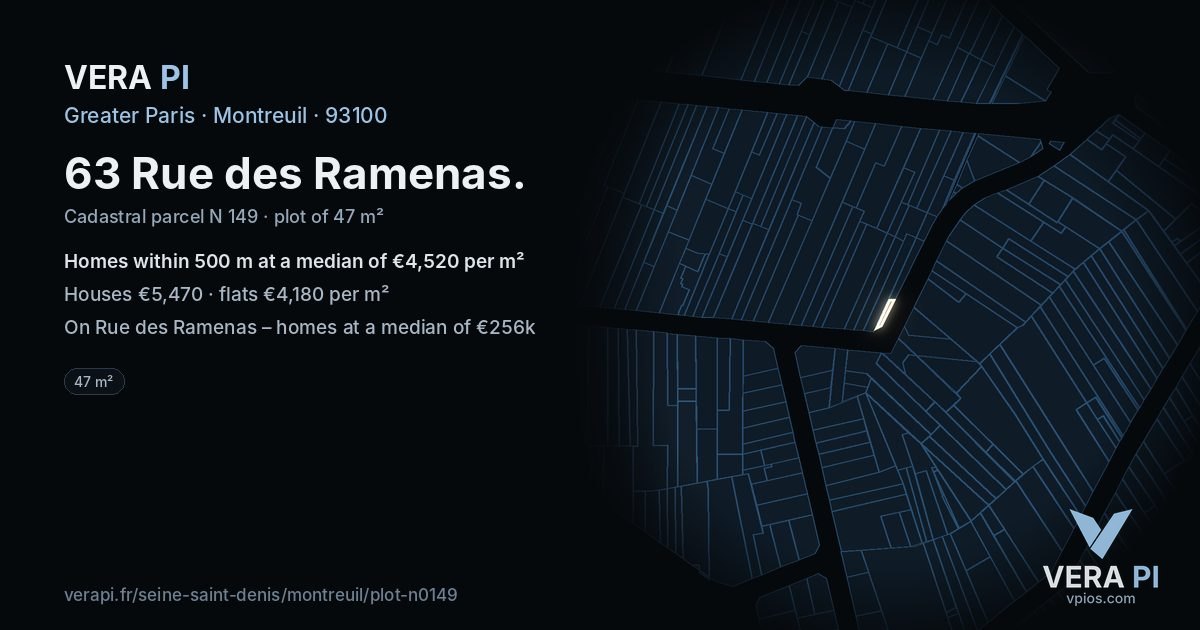 63 Rue des Ramenas, Montreuil at night – the plot lit, the parcels around coloured by the prices near them