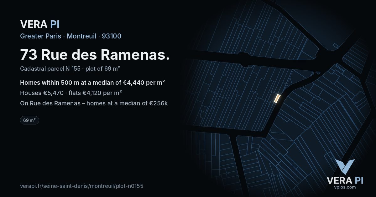 73 Rue des Ramenas, Montreuil at night – the plot lit, the parcels around coloured by the prices near them