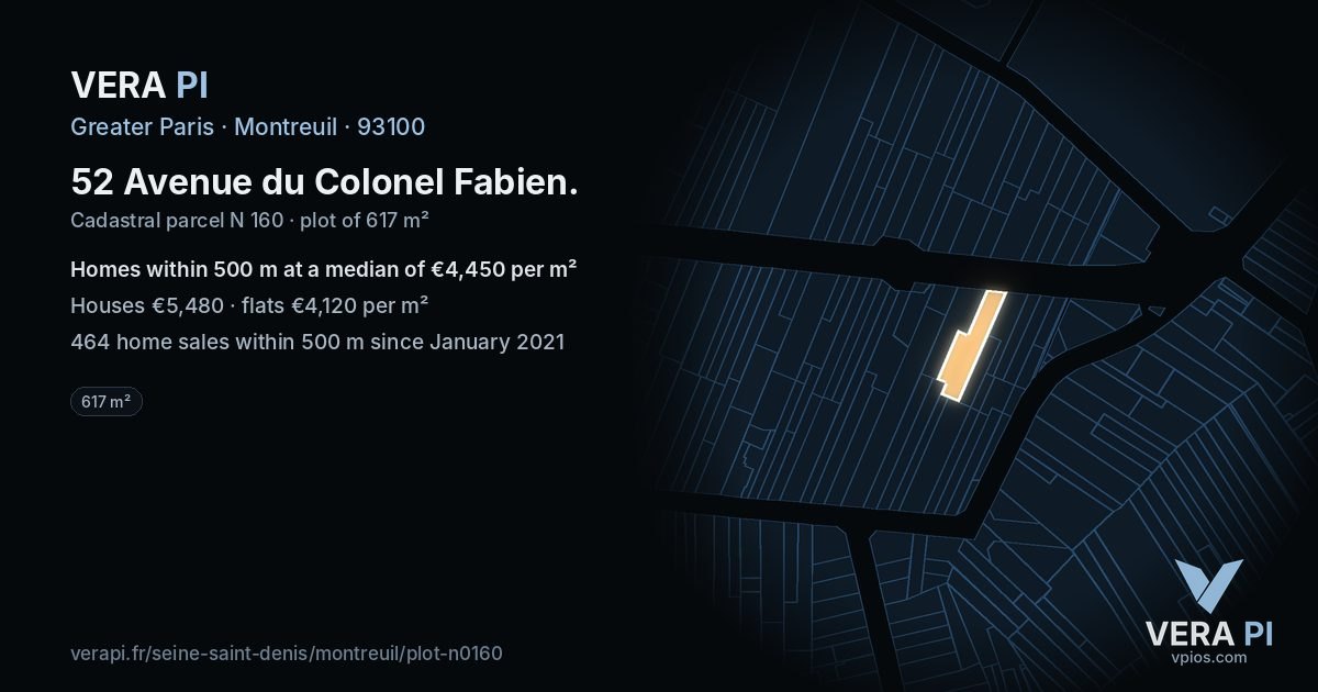 52 Avenue du Colonel Fabien, Montreuil at night – the plot lit, the parcels around coloured by the prices near them