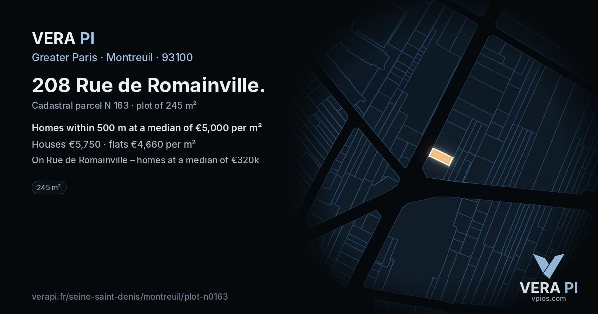208 Rue de Romainville, Montreuil at night – the plot lit, the parcels around coloured by the prices near them
