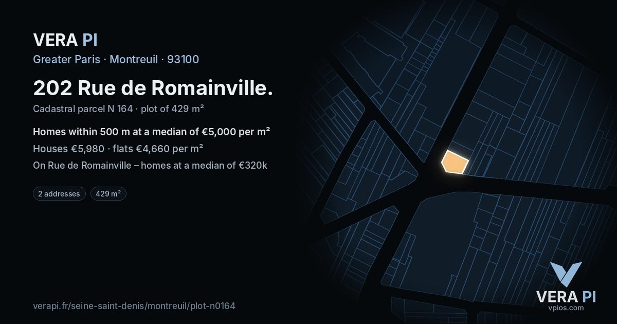 202 Rue de Romainville, Montreuil at night – the plot lit, the parcels around coloured by the prices near them