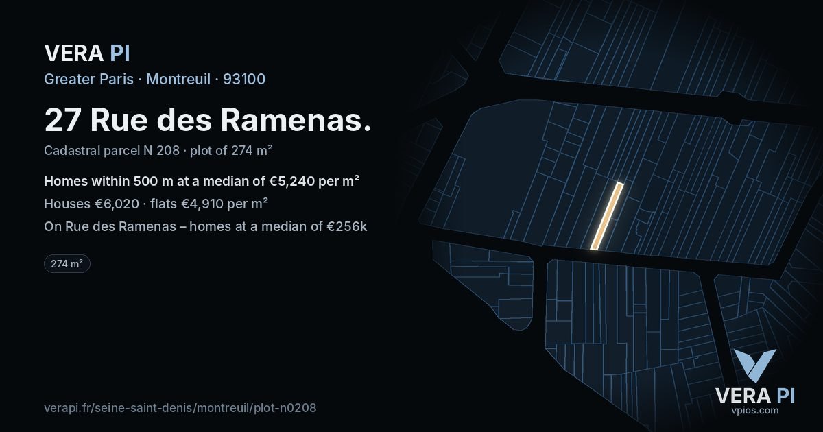 27 Rue des Ramenas, Montreuil at night – the plot lit, the parcels around coloured by the prices near them