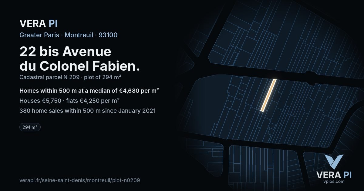 22 bis Avenue du Colonel Fabien, Montreuil at night – the plot lit, the parcels around coloured by the prices near them