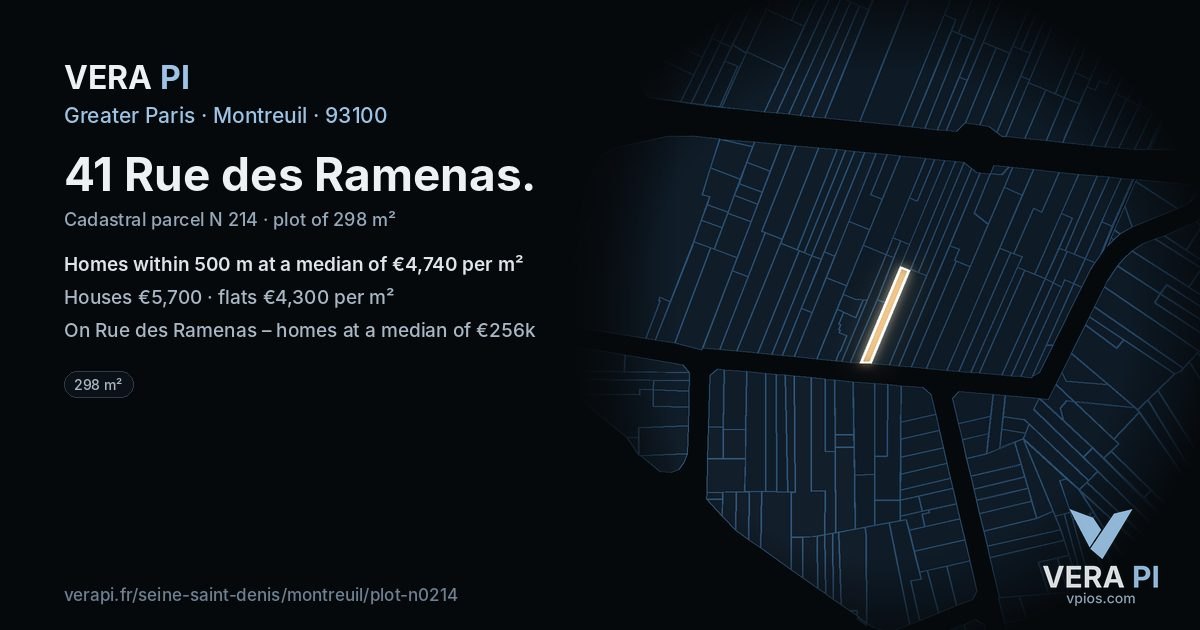41 Rue des Ramenas, Montreuil at night – the plot lit, the parcels around coloured by the prices near them
