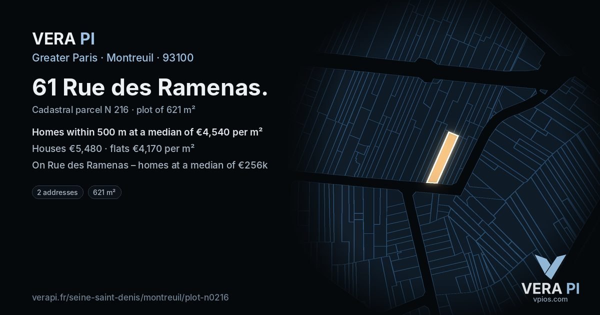 61 Rue des Ramenas, Montreuil at night – the plot lit, the parcels around coloured by the prices near them