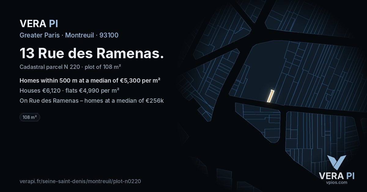 13 Rue des Ramenas, Montreuil at night – the plot lit, the parcels around coloured by the prices near them