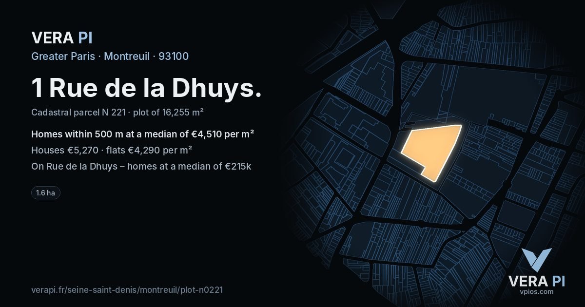1 Rue de la Dhuys, Montreuil at night – the plot lit, the parcels around coloured by the prices near them