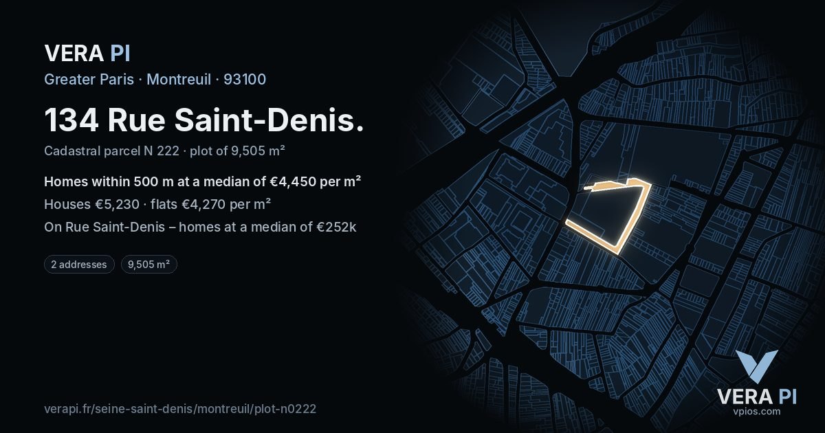134 Rue Saint-Denis, Montreuil at night – the plot lit, the parcels around coloured by the prices near them