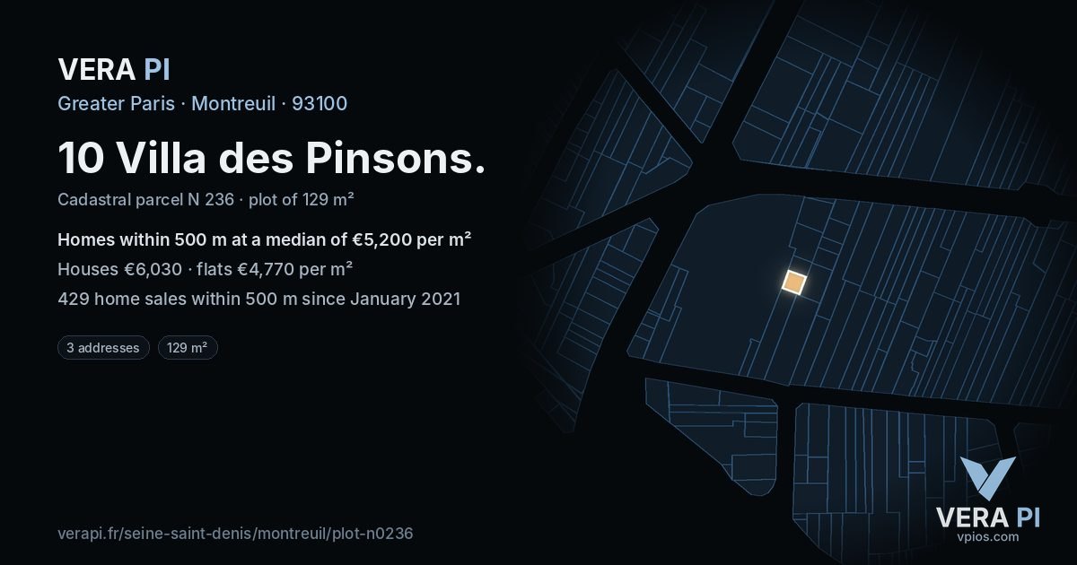 10 Villa des Pinsons, Montreuil at night – the plot lit, the parcels around coloured by the prices near them
