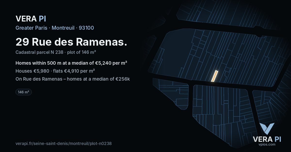 29 Rue des Ramenas, Montreuil at night – the plot lit, the parcels around coloured by the prices near them